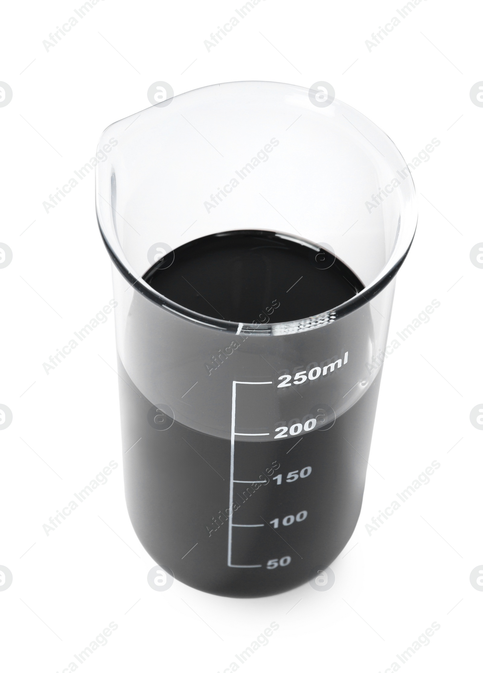 Photo of Beaker with black crude oil isolated on white