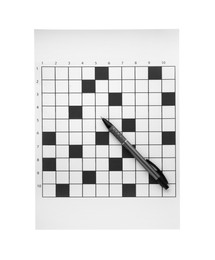 Photo of Blank crossword and pen on white background, top view