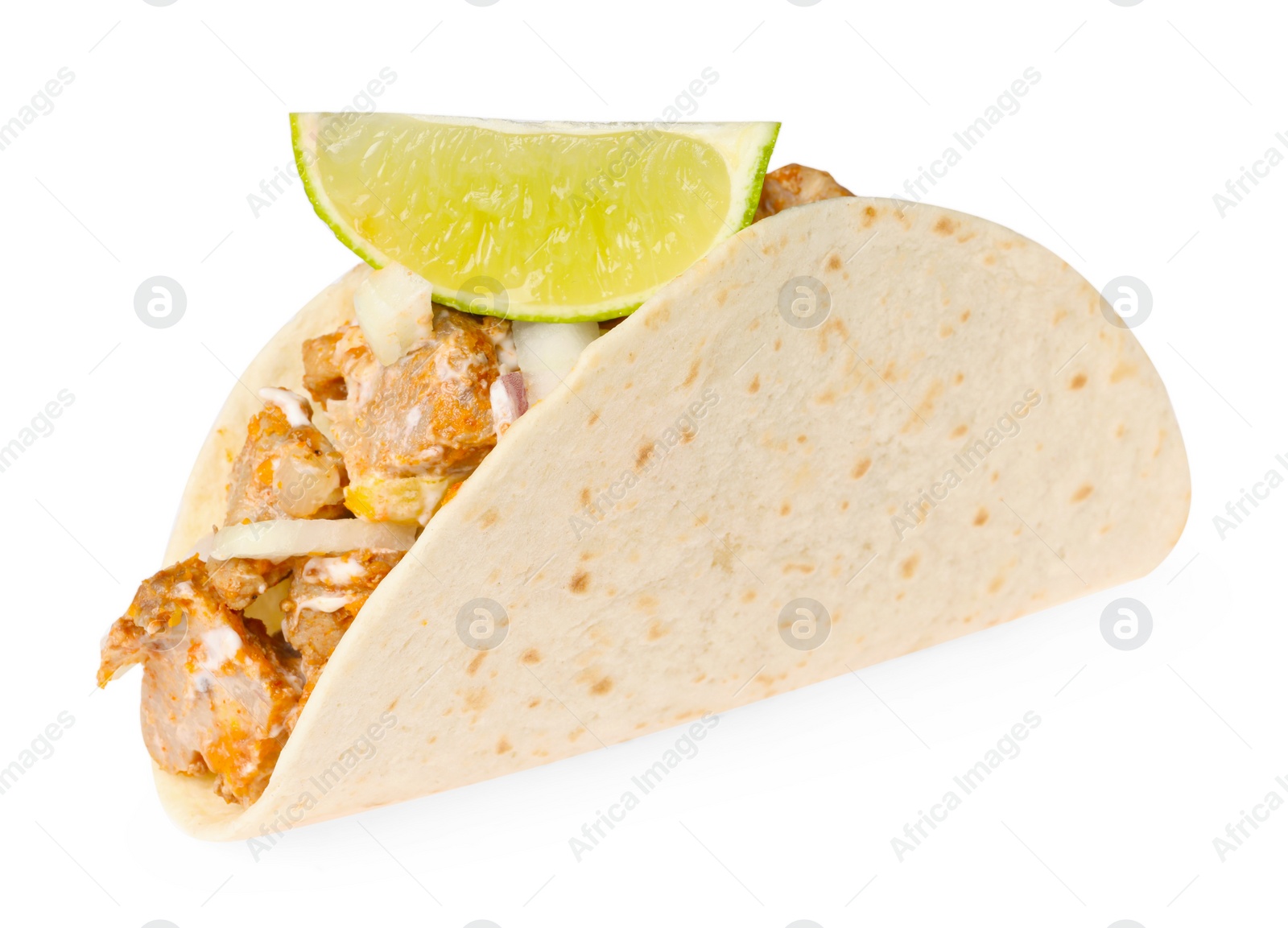 Photo of Delicious taco with meat, onion and lime isolated on white