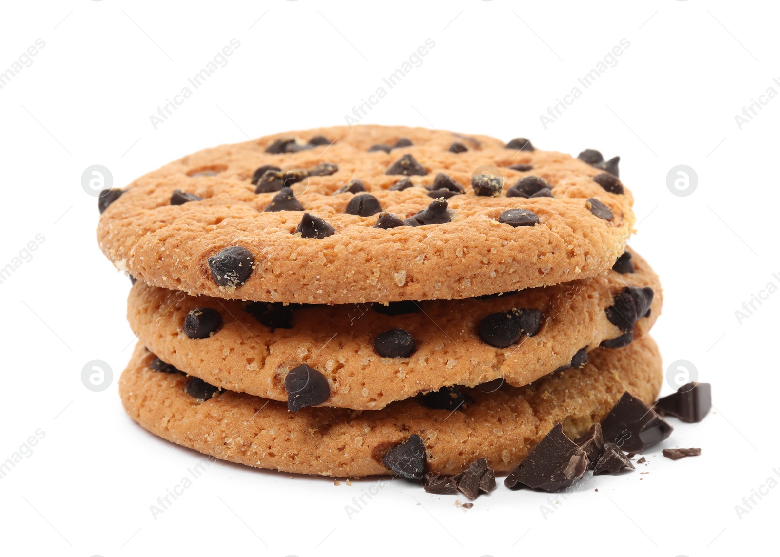 Photo of Stack of tasty chocolate chip cookies on white background