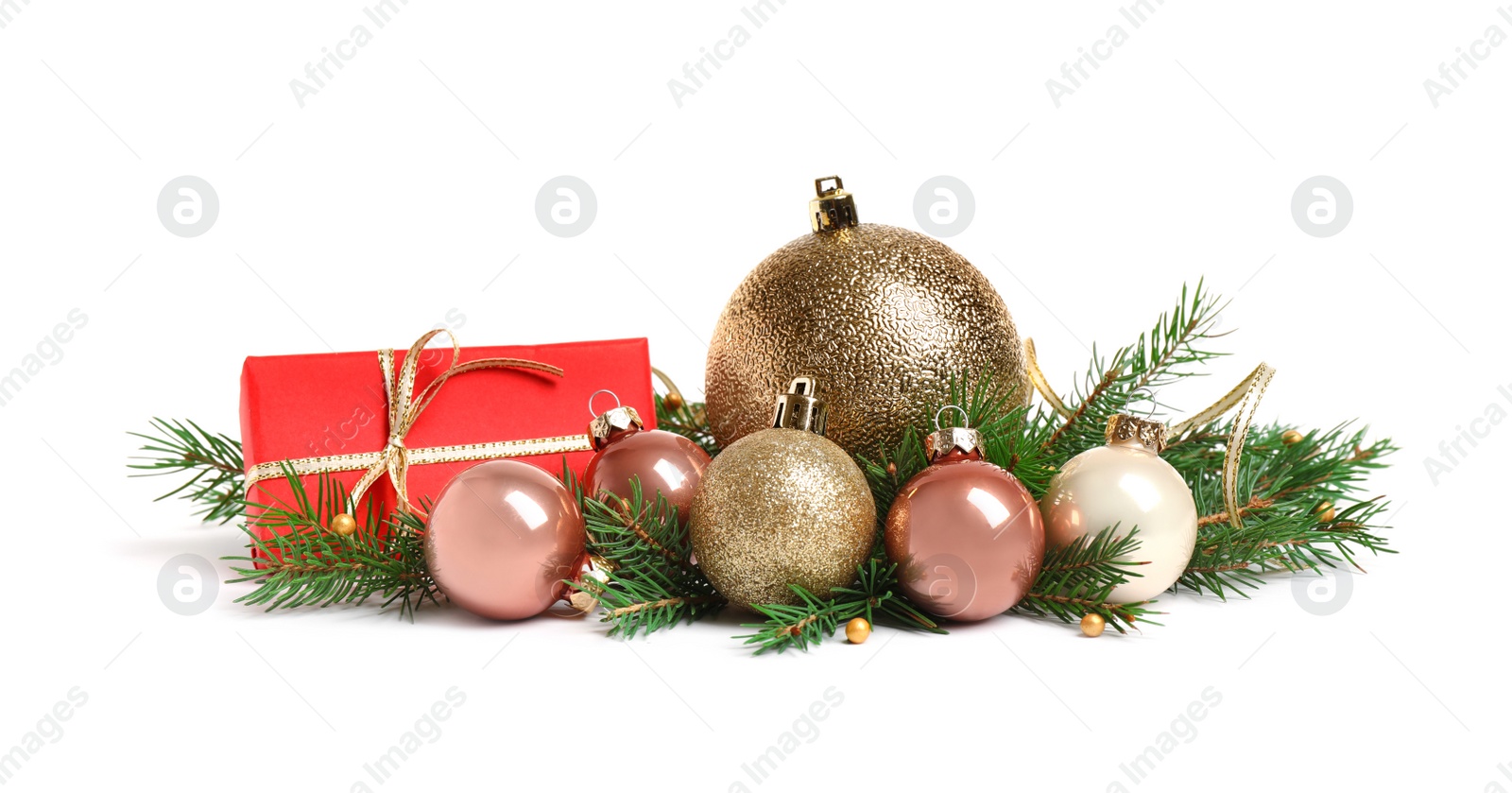 Photo of Christmas tree branches and festive decoration on white background