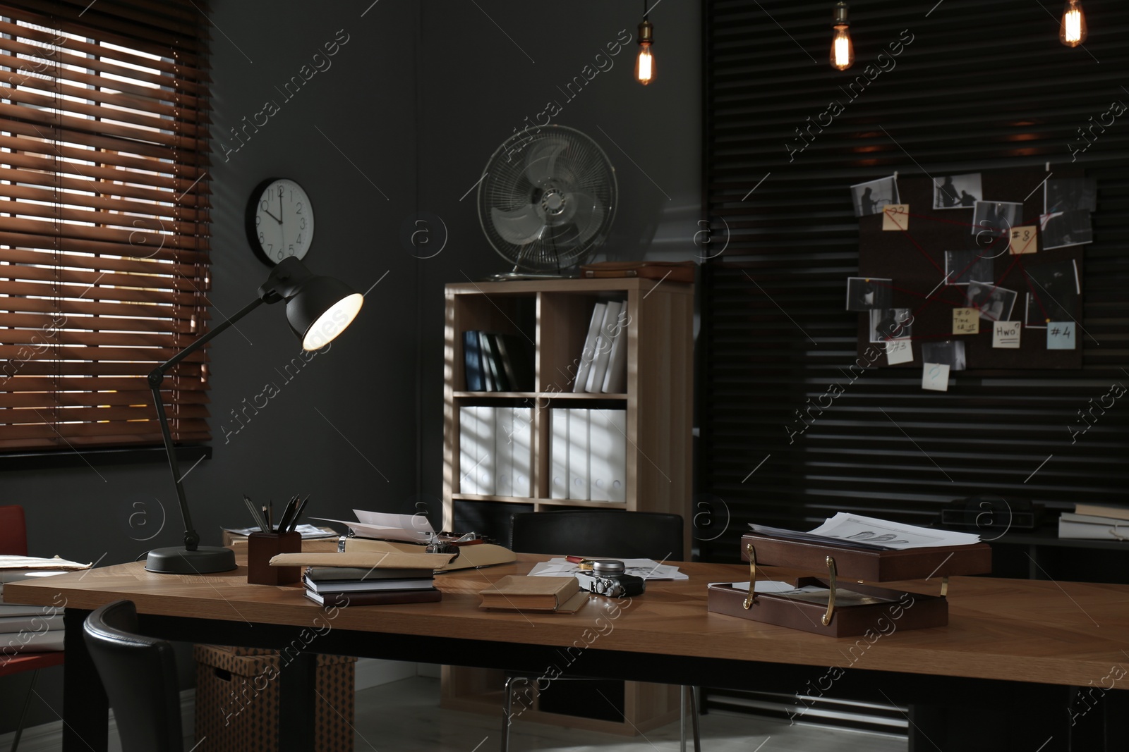 Photo of Detective office interior with evidence board on wall