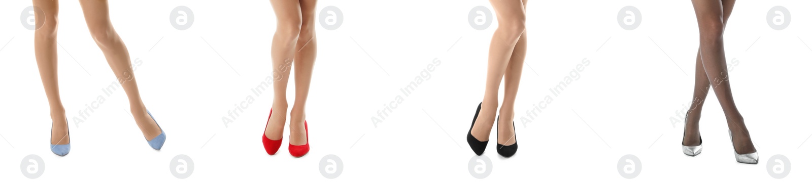Image of Collage with photos of women wearing different stylish shoes on white background, closeup. Banner design
