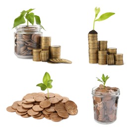 Image of Set with jars, coins and growing plants on white background. Successful investment