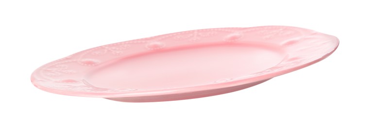 Photo of Clean empty pink plate isolated on white