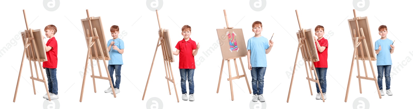 Image of Collage with photos of boy near easel on white background