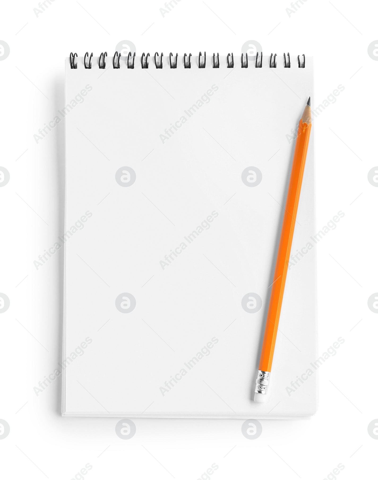 Photo of Notebook and pencil isolated on white, top view