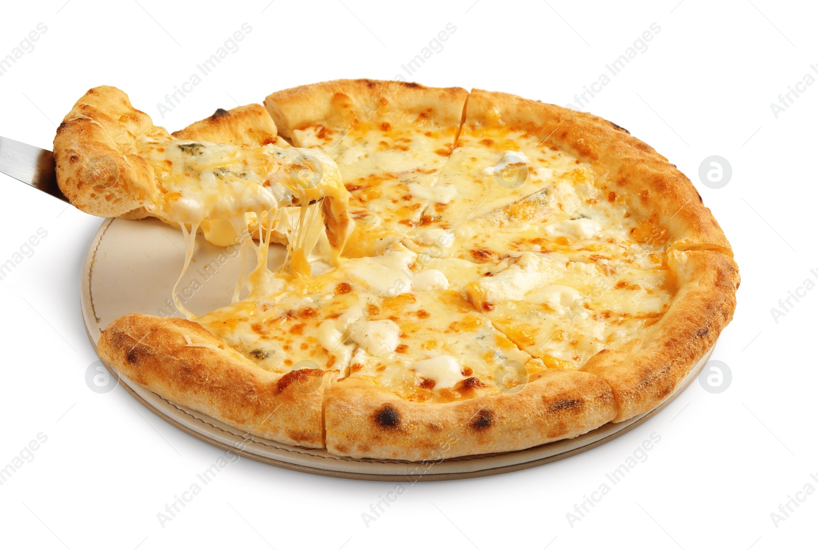 Photo of Taking piece of delicious cheese pizza on white background