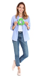 Young woman with recycling symbol on white background