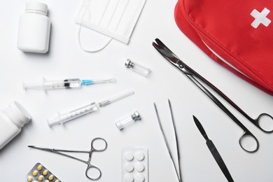 Photo of Flat lay composition with medical items on white background