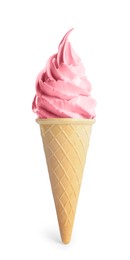 Delicious soft serve berry ice cream in crispy cone isolated on white