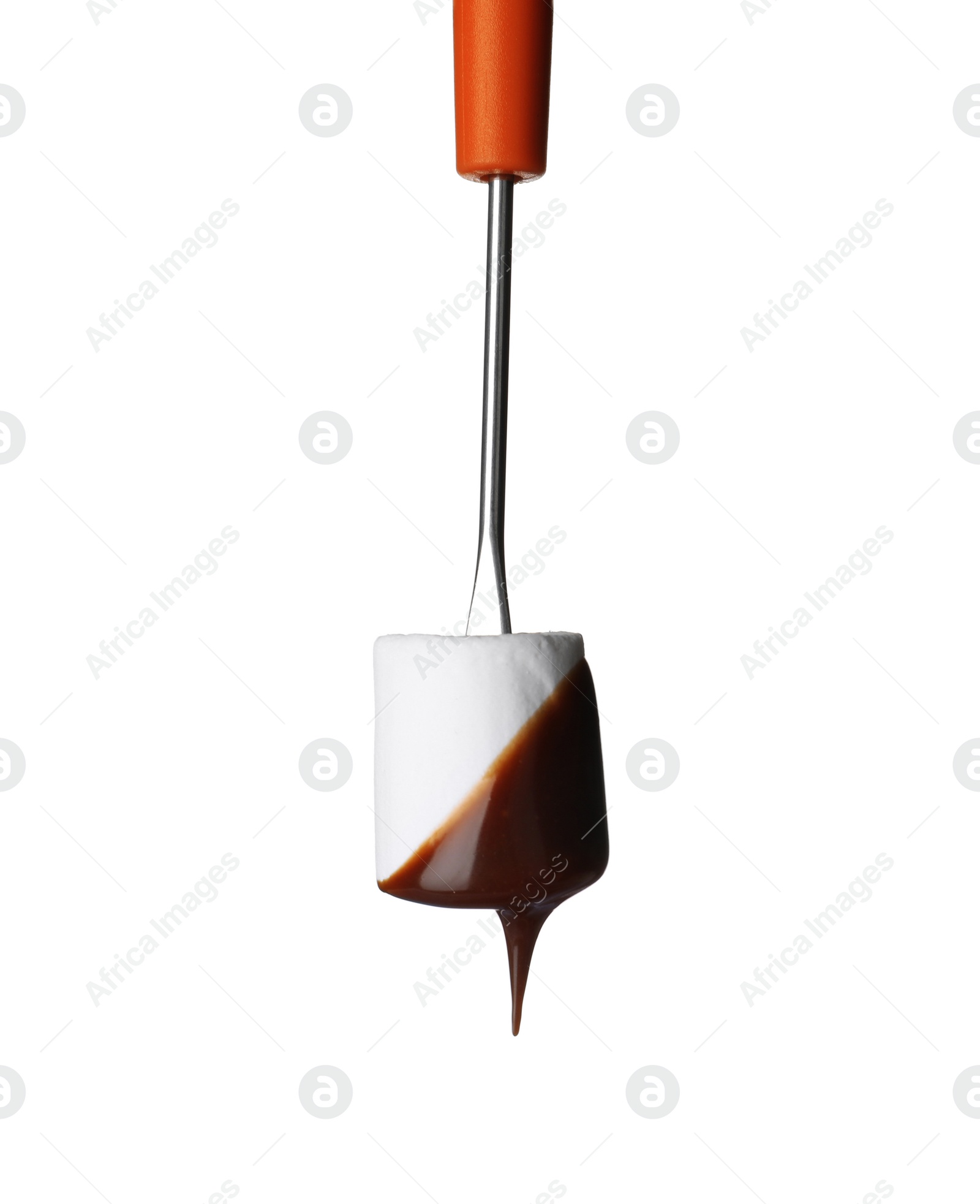 Photo of Fork with marshmallow dipped into chocolate fondue on white background