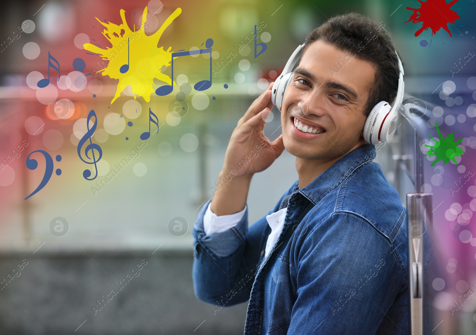 Image of Young African-American man listening to music outdoors. Bright notes illustration
