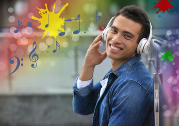 Image of Young African-American man listening to music outdoors. Bright notes illustration