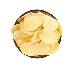 Bowl with delicious potato chips isolated on white, top view