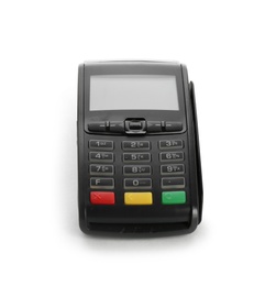 Modern payment terminal on white background. Space for text