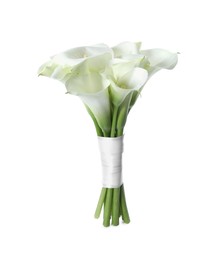 Photo of Beautiful calla lily flowers tied with ribbon isolated on white