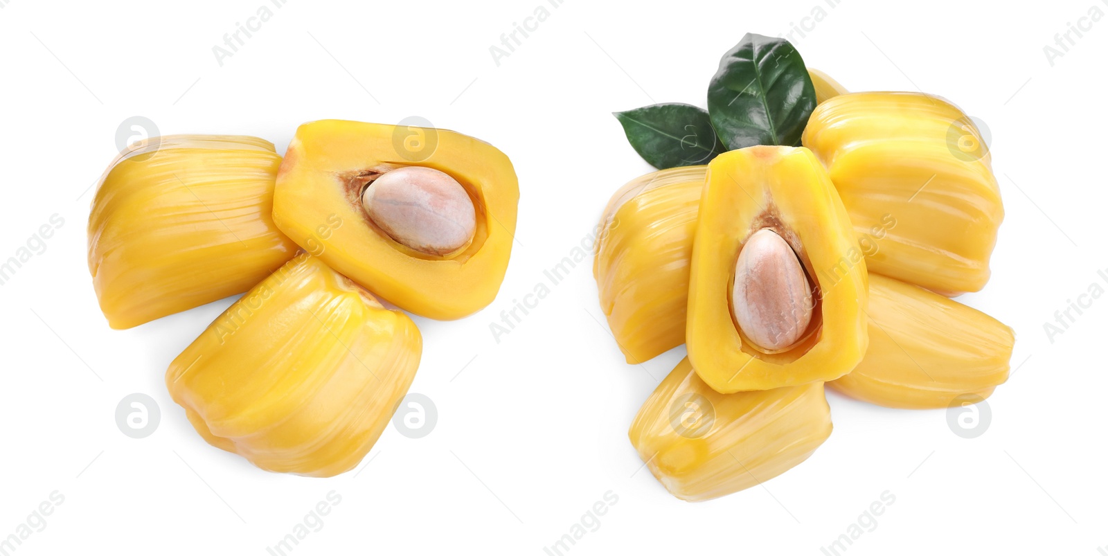 Image of Delicious exotic jackfruit bulbs on white background, top view. Banner design