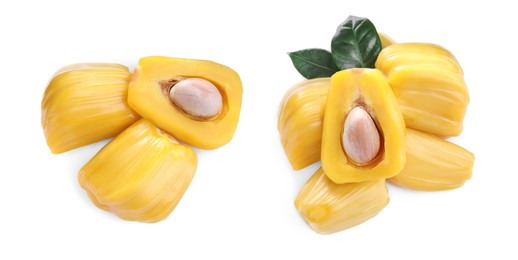Delicious exotic jackfruit bulbs on white background, top view. Banner design