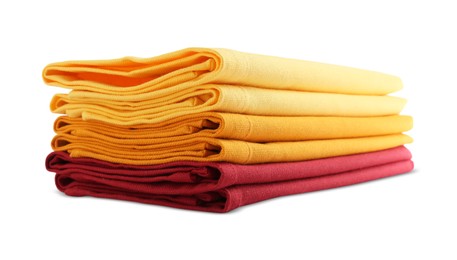 Photo of Stack of fabric napkins for table setting isolated on white