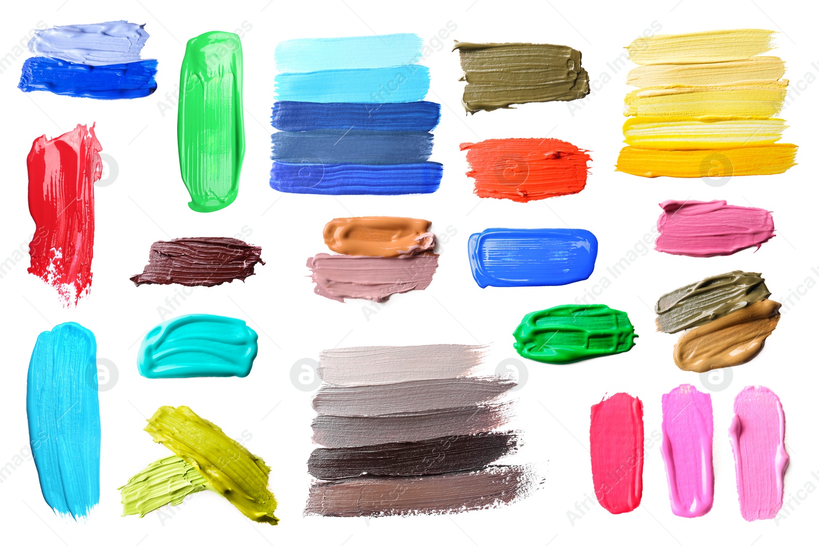 Image of Paint strokes of different colors on white background, top view