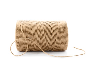 Photo of Spool of hemp rope on white background