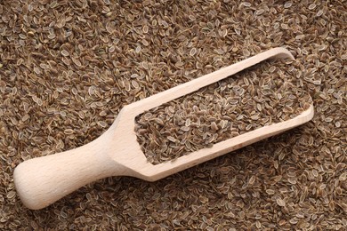 Dry dill seeds and wooden scoop, top view