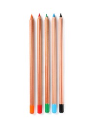 Many colorful pastel pencils isolated on white, top view. Drawing supplies