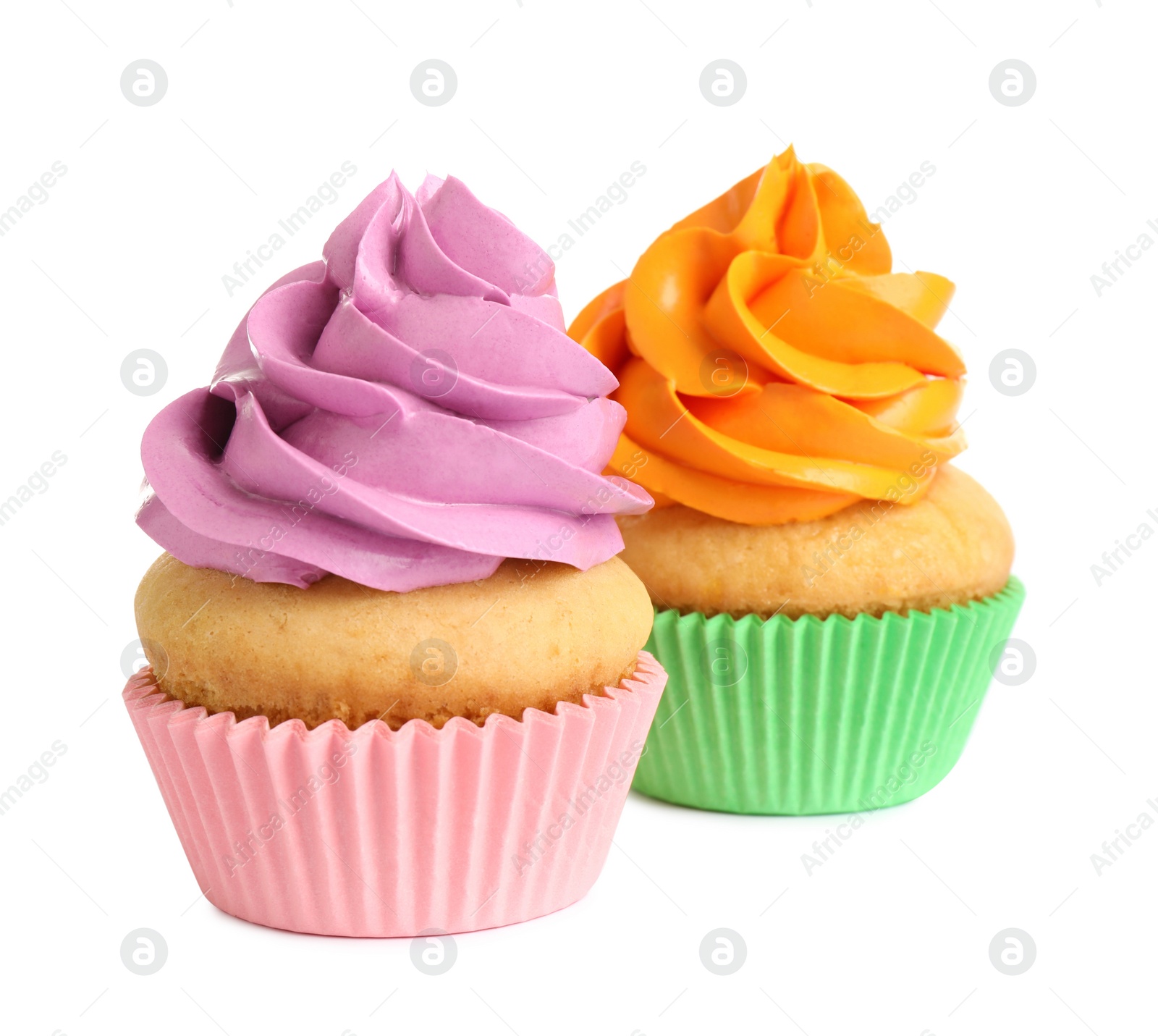 Photo of Delicious birthday cupcakes with buttercream on white background