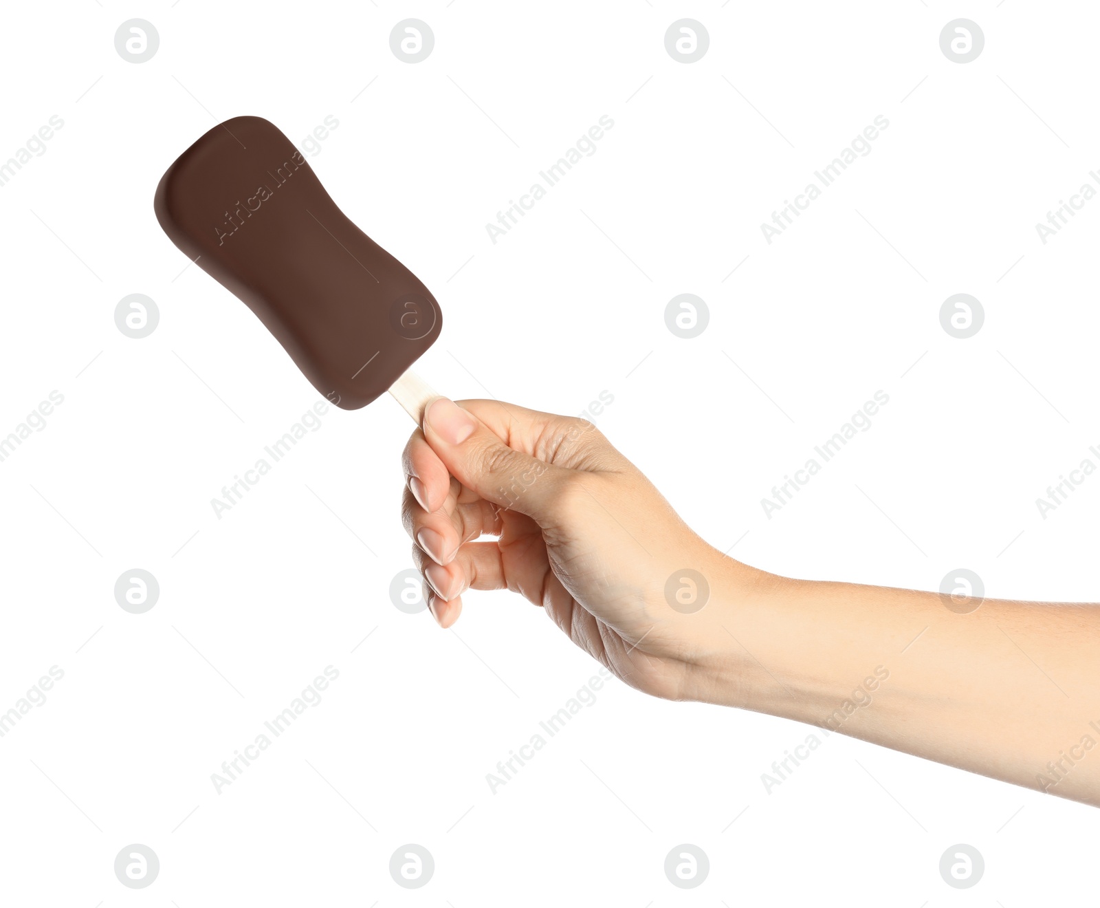 Photo of Woman holding ice cream glazed in chocolate on white background, closeup