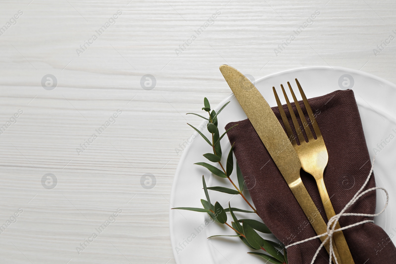 Photo of Stylish setting with cutlery and eucalyptus leaves on white wooden table, top view. Space for text