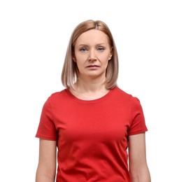 Photo of Sad woman in red t-shirt on white background