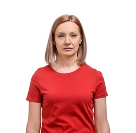 Sad woman in red t-shirt on white background