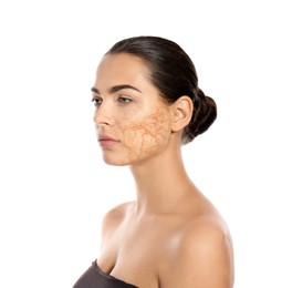 Image of Beautiful young woman with dry skin on white background