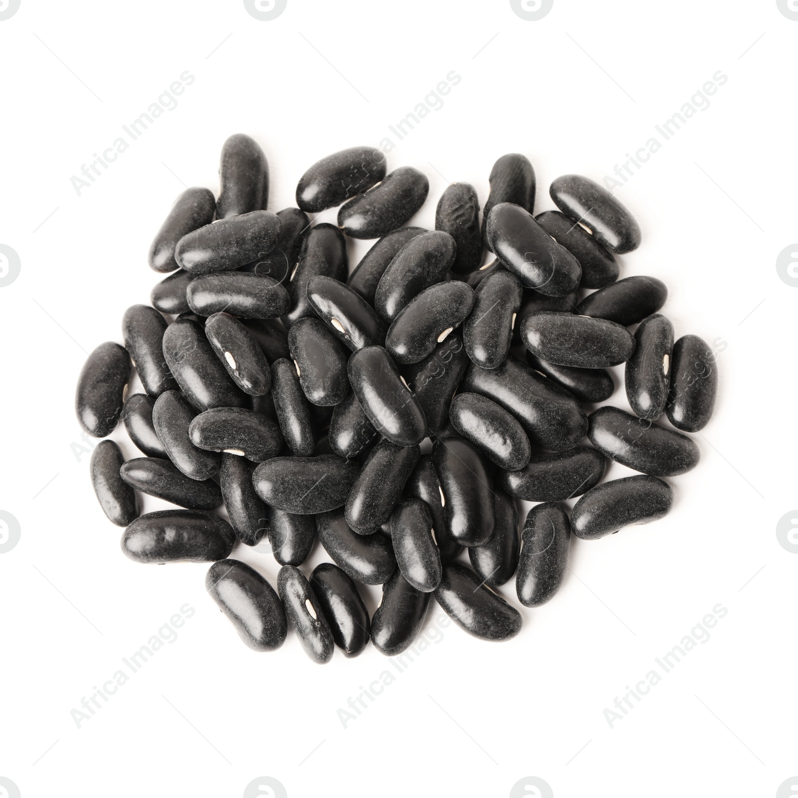 Photo of Pile of raw black beans on white background, top view. Vegetable planting