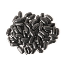 Photo of Pile of raw black beans on white background, top view. Vegetable planting