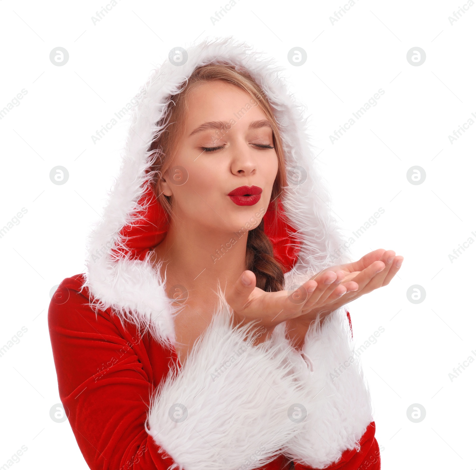 Photo of Beautiful Santa girl on white background. Christmas eve
