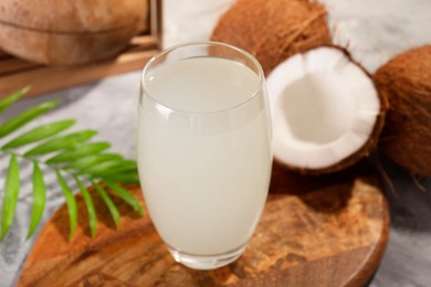 Glass of coconut water, palm leaf and nuts on grey table