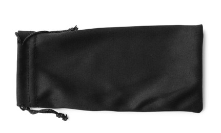 Photo of Black cloth sunglasses bag isolated on white, top view