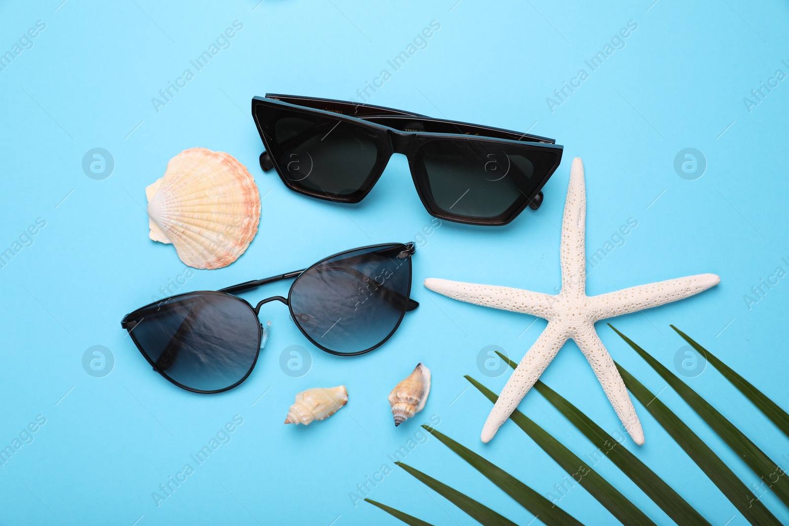 Photo of Stylish sunglasses and seashells on light blue background, flat lay