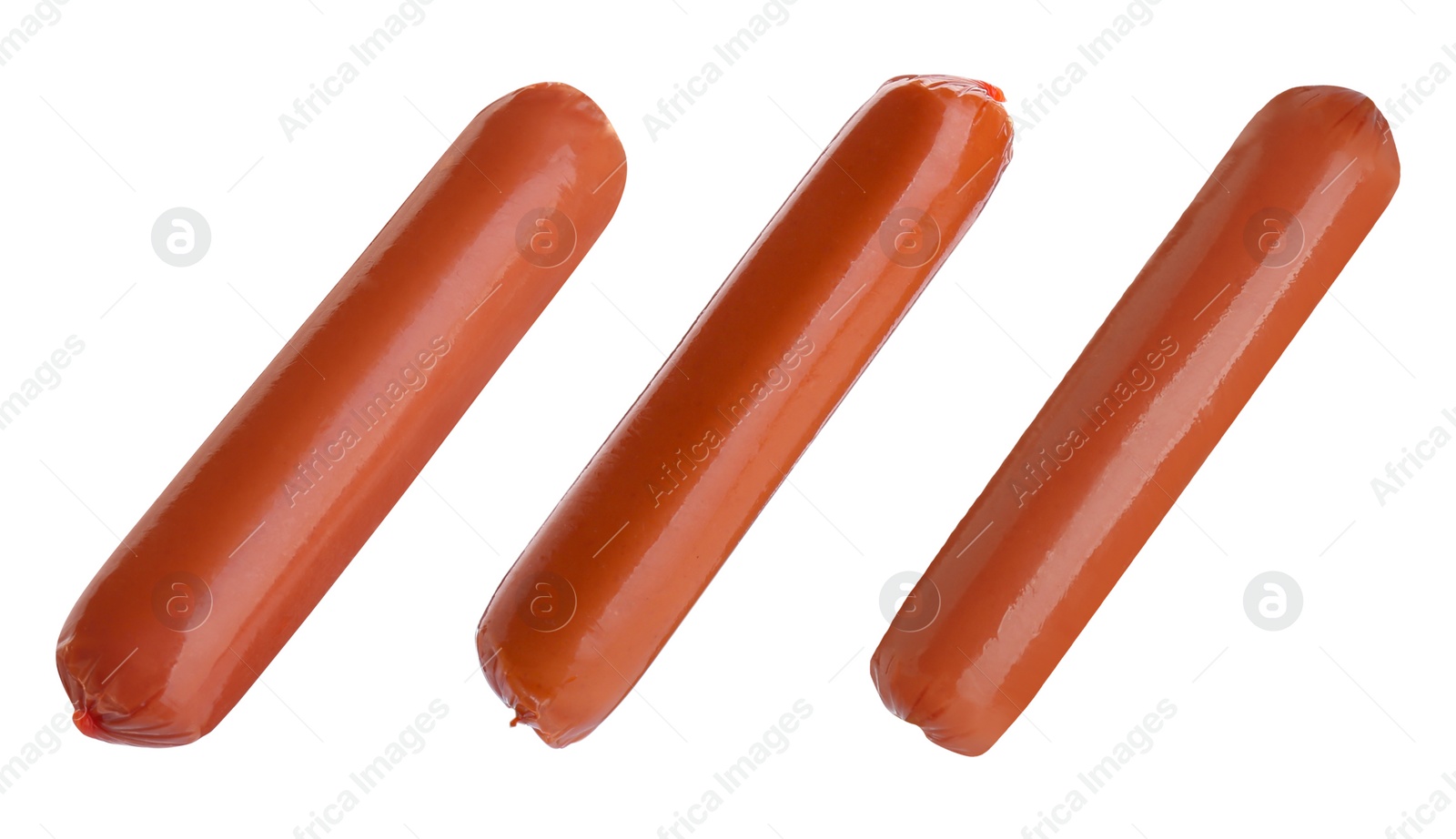 Image of Collage with fresh raw sausages on white background