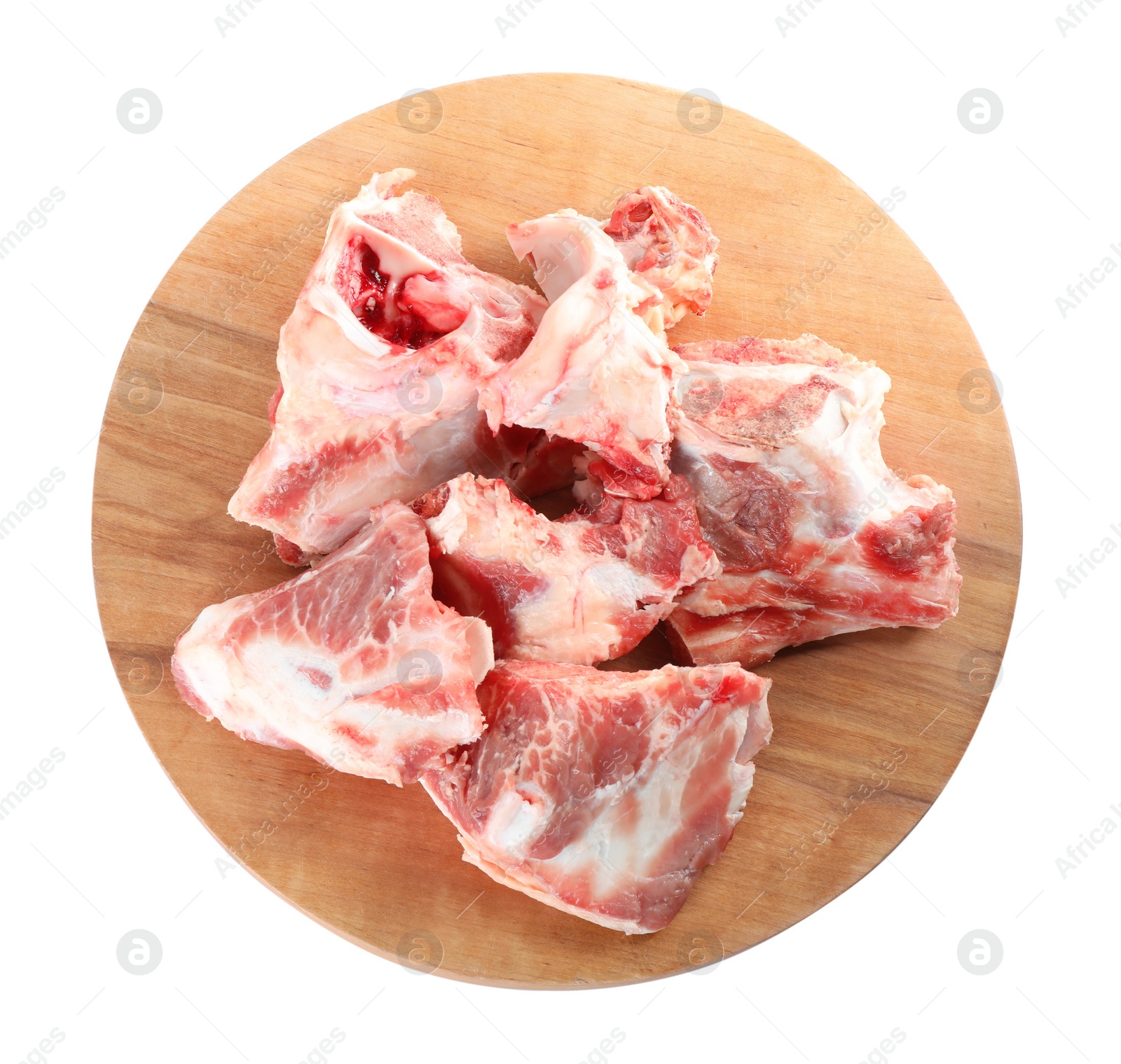 Photo of Raw meaty bones on white background, top view