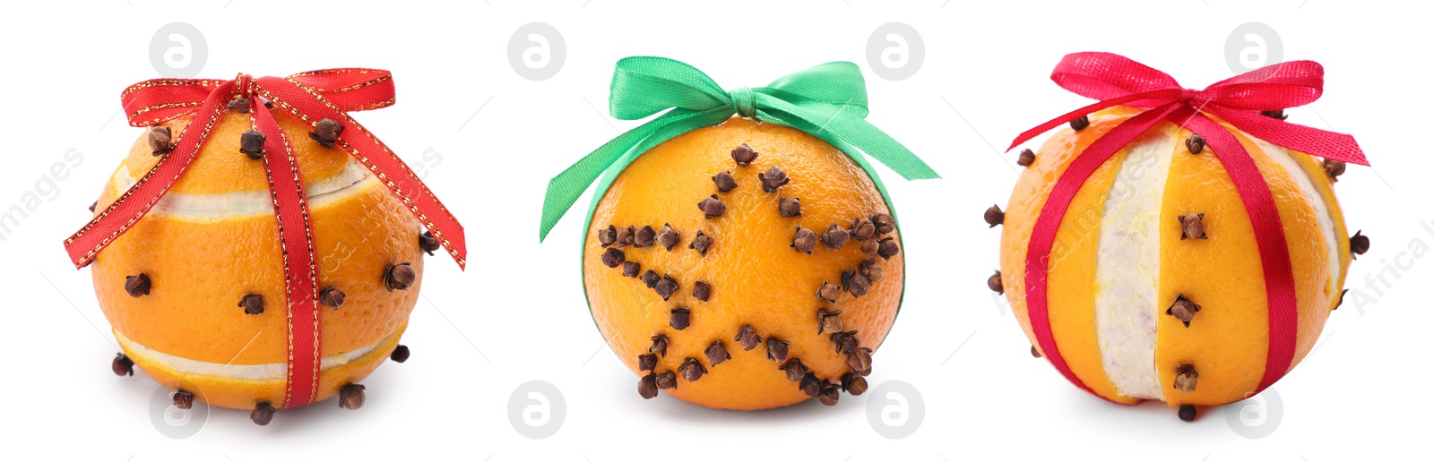 Image of Set with pomander balls made of tangerine and cloves on white background. Banner design