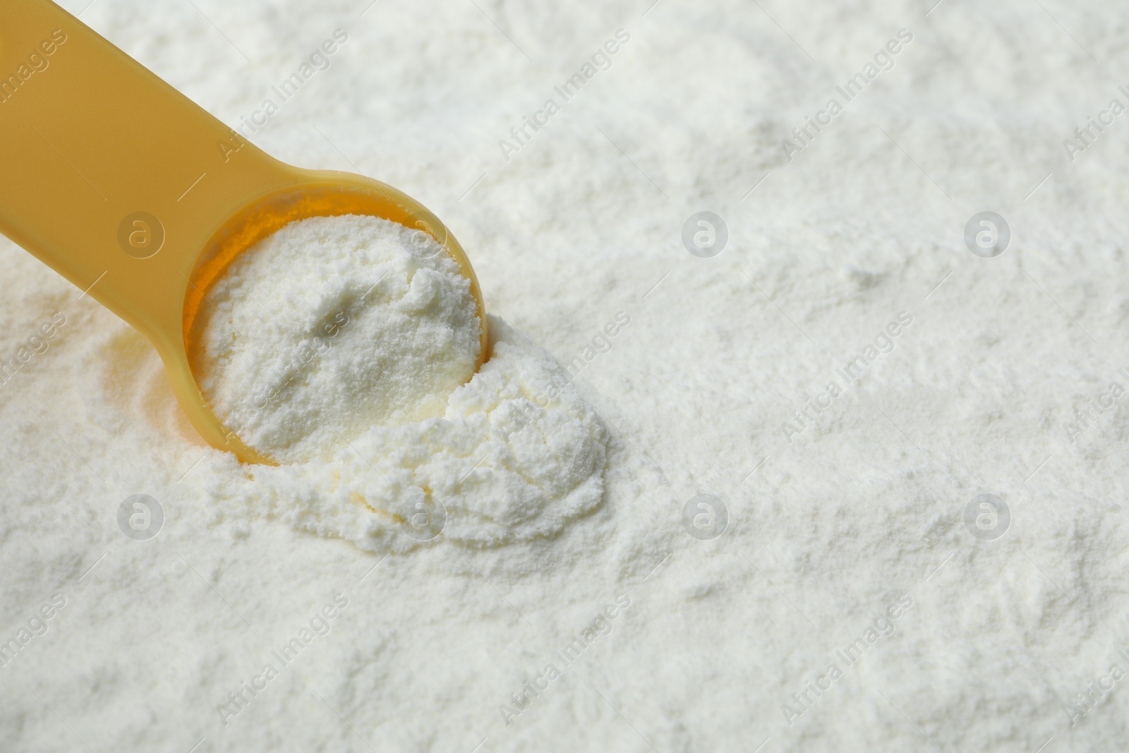 Photo of Powdered infant formula and scoop, closeup with space for text. Baby milk