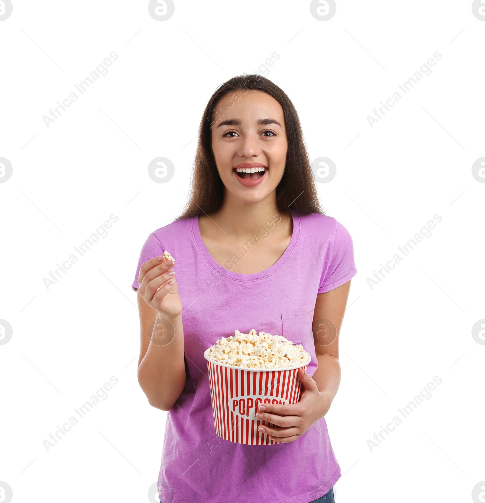 Photo of Woman with popcorn during cinema show on white background