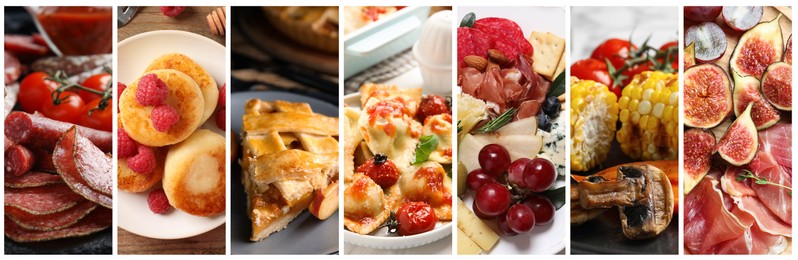 Image of Assortment of tasty dishes. Collage with different meals, closeup