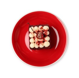 Photo of Piece of delicious red velvet cake on white background, top view