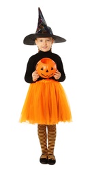 Cute little girl with pumpkin candy bucket wearing Halloween costume on white background