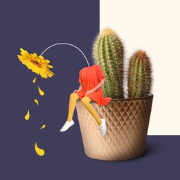 Image of Creative artwork. Woman with gerbera instead of head crying in company of cactus. Girl dropping petals as tears while sitting on flowerpot