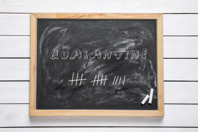Image of Blackboard with chalk on white wooden background, top view. Counting days of quarantine during coronavirus outbreak 